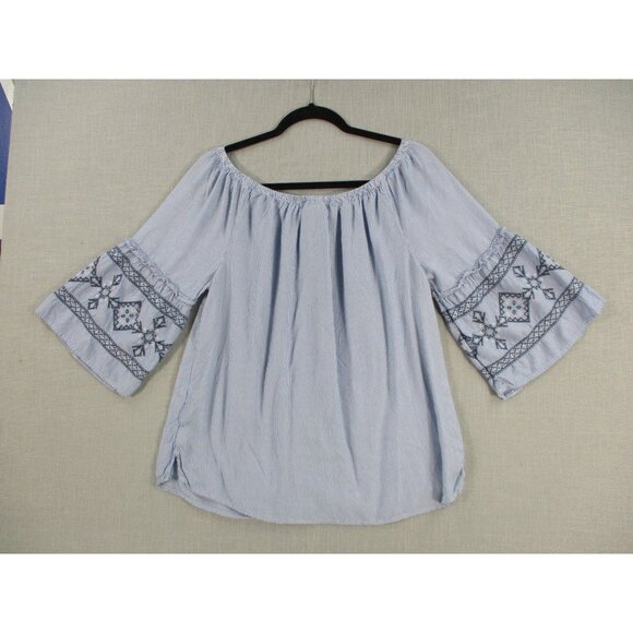 St Johns Bay Blue White Pinstripe Embroidered Off Shoulder Boho Top L - Picture 5 of 6
